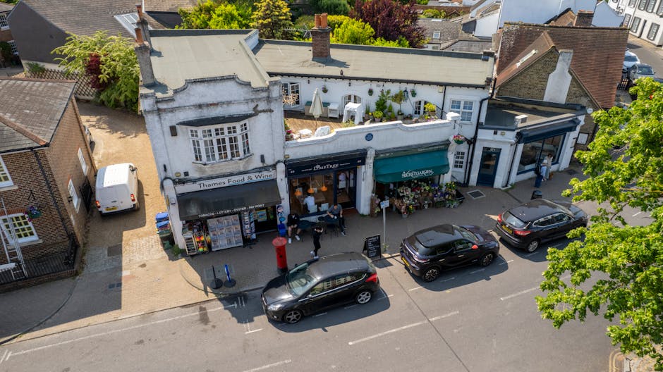 An aerial view of a small shopping parade on Bexleyheath High Street, featuring a florist shop with a black awning displaying the name and a flower arrangement outside. Several customers are seen ente